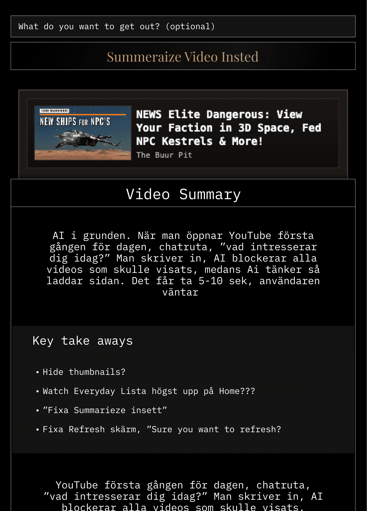 AI summary showcase section with prompt, preview, and takeaways
